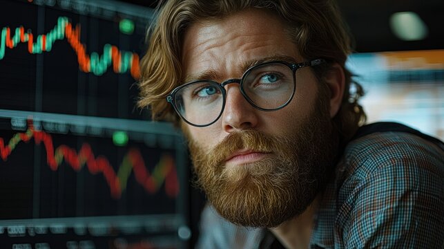 Bearded man peers at stock market charts