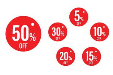 Red Sale Sticker Tag Set – Discount, Percent Price Badges, Round Promo Labels for Retail and E-Commerce Design