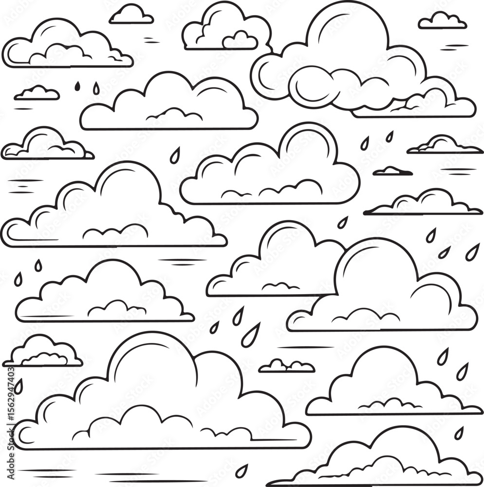Poster line art illustration of clouds and raindrops in a weather pattern design for backgrounds and creati