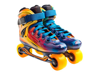 Vibrant artistic roller skates with yellow wheels isolated on transparent background