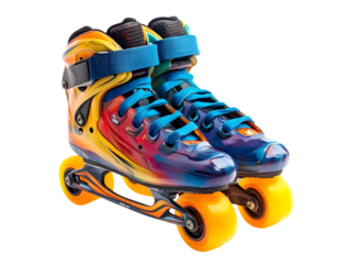 Vibrant artistic roller skates with yellow wheels isolated on transparent background