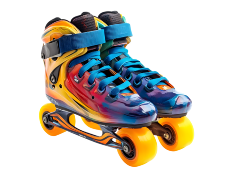 Vibrant artistic roller skates with yellow wheels isolated on transparent background