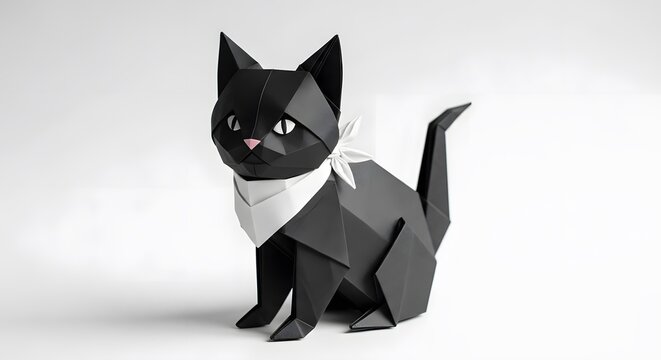 Geometric Origami Black Cat Sculpture Low-Poly Feline Art - Powered by Adobe