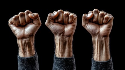 Three raised fists against a black background
