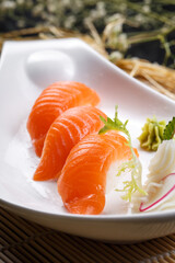 Salmon sushi on the sushi curtain