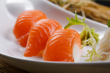 Salmon sushi on the sushi curtain