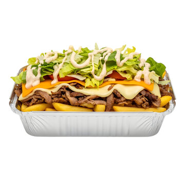 A Dutch Kapsalon Takeaway Dish with Layers of Fries Shawarma Cheese and Salad on isolated transparent background
