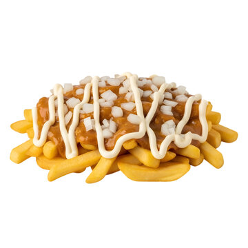 A Serving of Dutch Patatje Oorlog "War Fries" with Peanut Satay Sauce and Mayonnaise on isolated transparent background