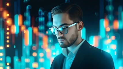 A businessman in a suit with glasses intently looks at glowing orange and blue digital data and graphs, representing financial technology and data analysis. - Powered by Adobe
