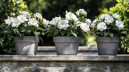 Three potted white flowers on a light gray wooden ledge.  Bright, outdoor shot