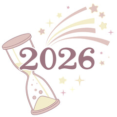 Hourglass pouring stardust with year twenty six stars