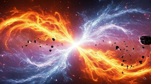 A vibrant cosmic explosion depicting swirling flames of orange and blue, interspersed with asteroids, set against a backdrop of deep space and distant stars