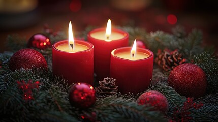 Three red candles in a Christmas wreath