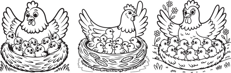 Fototapeta premium three charming cartoon hen and chick families in nests with flowers isolated on transparent background silhouette