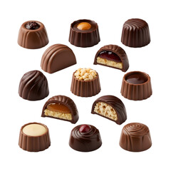 Obraz premium A Luxurious Assortment of Belgian Chocolate Pralines with Various Ganache and Caramel Fillings on isolated transparent background