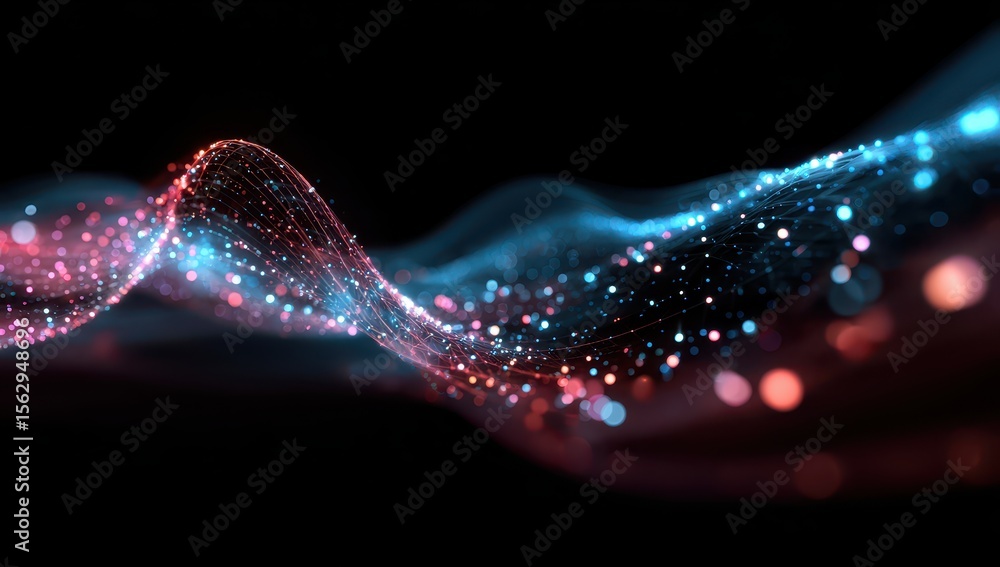 Poster digital wave flow of dots & lines against black background; futuristic design element
