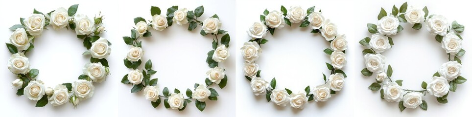 White roses arranged in a wreath frame, isolate on white background. Mix Collection.
