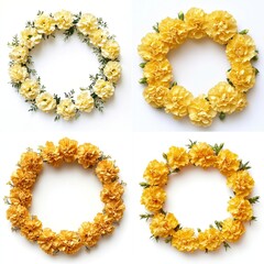 Yellow carnations arranged in a wreath frame, isolate on white background. Mix Collection.
