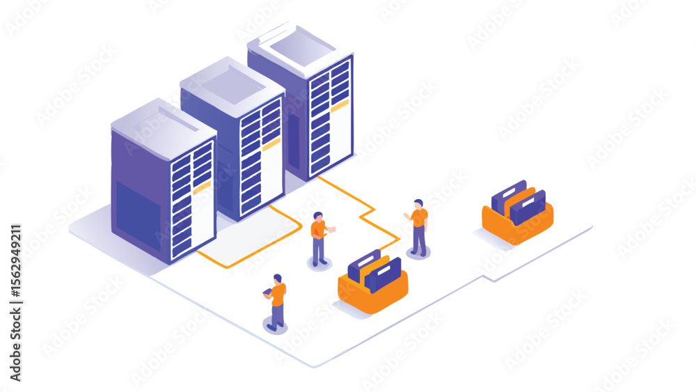 Poster isometric view of server room with people and data storage units connected by yellow lines