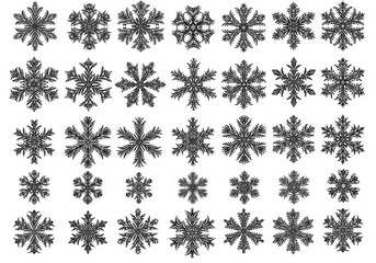 A variety of intricate snowflake designs are displayed isolated on white background, creating a wintery and festive atmosphere