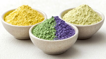 Three small, shallow bowls of vibrant powdered pigments.  Yellow, light green, and purple powders.  Natural colors.  Food-grade or craft materials