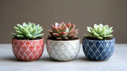 Three succulents in decorative pots