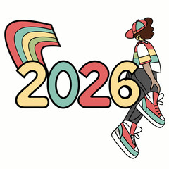 Retro rainbow year with person in colorful streetwear 2026 vintage