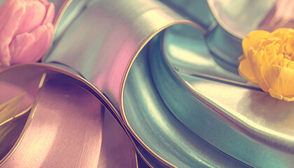 A close-up of colorful metallic ribbons intertwined with vibrant flowers.