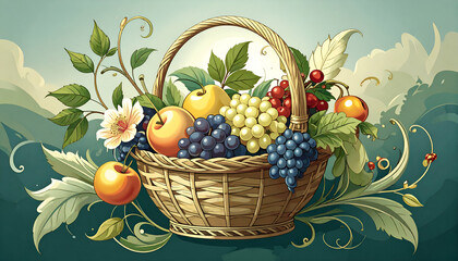 A decorative basket filled with various fruits, surrounded by leaves and flowers.