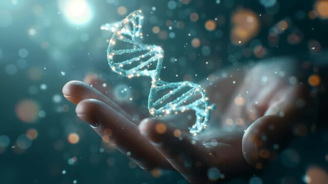A shimmering, glowing DNA strand hovers above an outstretched hand, representing concepts of genetic technology, life, and scientific discovery.