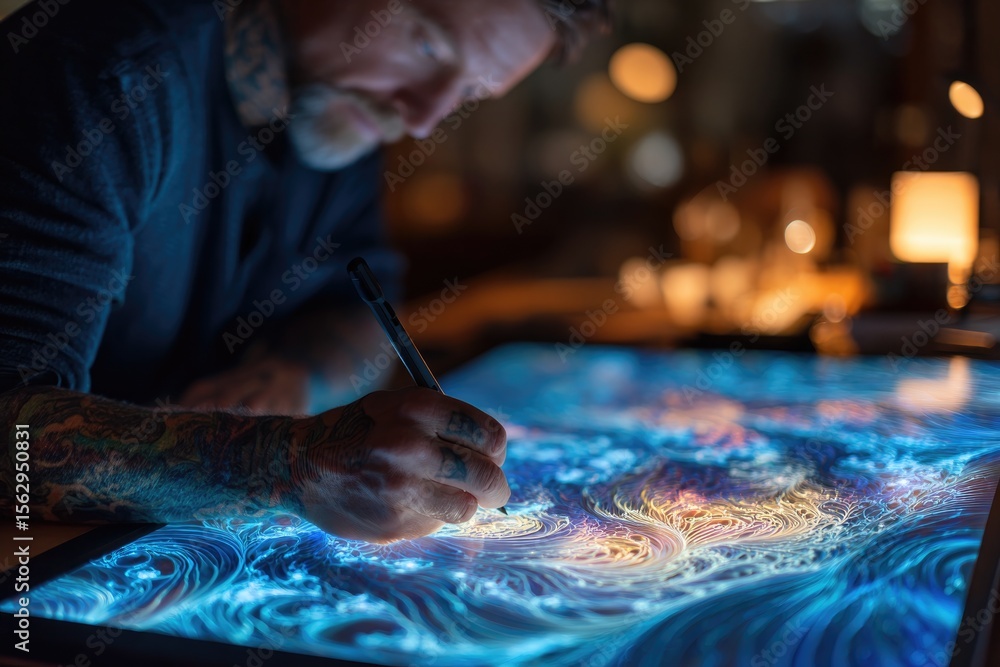 Poster portrait of digital artist working on fractal display tablet ambient light emphasizing screen geomet
