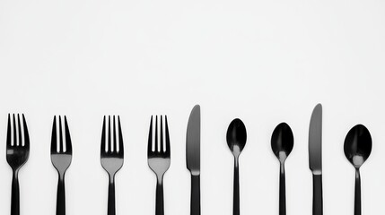 Black cutlery set arranged on white background.