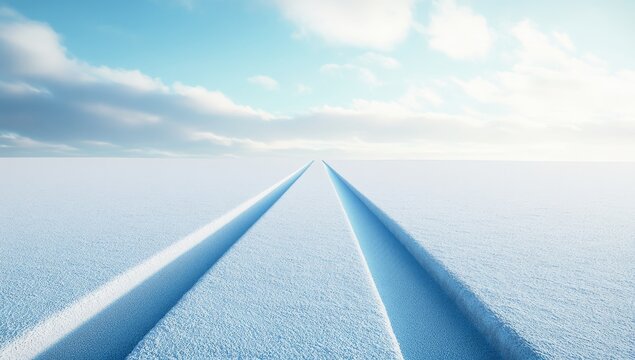 Two parallel tracks carved into a pristine white snow field, stretching into a bright, cloud-filled sky