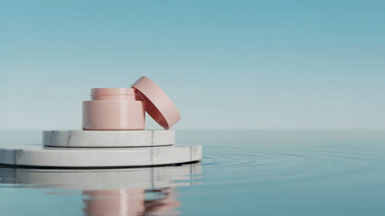 Minimalist Pink Cosmetic Jar On Marble Pedestal In Water For Skincare Product Presentation Elegant Beauty Concept