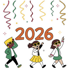 Festive celebration with children and year twenty six party streamers