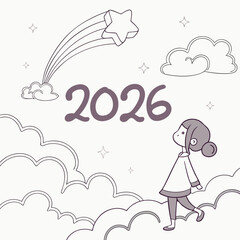 Girl looking at shooting star and clouds with year twenty six looking up