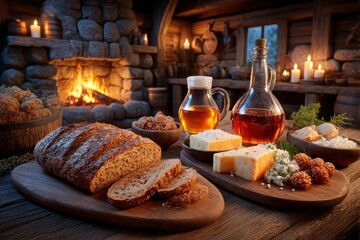 Cozy rustic food display by fireplace