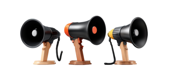 Three distinct megaphones in varying sizes and colors, positioned on a clean backdrop, ready for use