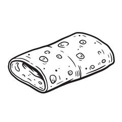 Hand drawn illustration of a wrapped burrito in black and white perfect for food related designs