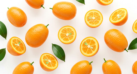 Kumquat Citrus Fruit Composition, Featuring Whole and Halved Fruits with Green Leaves on a Clean White Surface, Ideal for Fresh Food and Healthy Eating Themes