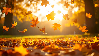 A serene autumn scene with falling leaves illuminated by sunlight.