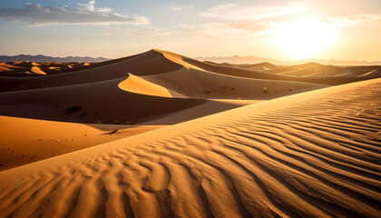 A serene desert landscape at sunset, showcasing rolling sand dunes and soft light.