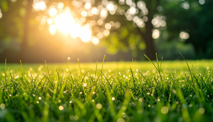 A sunlit grassy field with dew drops, evoking tranquility and nature's beauty.