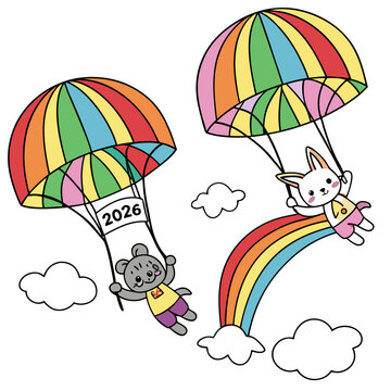 Cartoon animals parachuting with rainbow and clouds parachutes