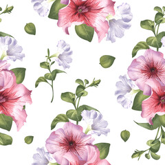 Floral pattern with pink and white flowers watercolor illustration. Seamless pattern of delicate petunia buds in a realistic style. Garden flowers clip art for textiles, wallpapers