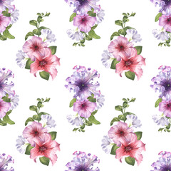 Floral pattern with pink, purple and white flowers watercolor illustration. Seamless pattern of delicate petunia buds in realistic style. Garden flowers clipart for textiles, wallpapers