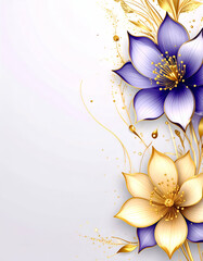 Elegant floral design featuring purple and gold flowers on a soft background.