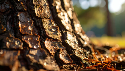 Close-up of a tree trunk with water droplets and pine needles in a natural setting.