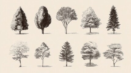 Ultra quality image of hand-drawn pencil vector set of diverse tree designs, minimal line art in a nature theme, isolated clip art collection on white.