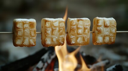 Toasted marshmallow squares on a stick over a campfire